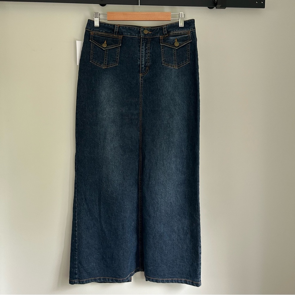 Vintage Denim Jean Long Maxi Straight Skirt Cargo Flap Patch Pockets